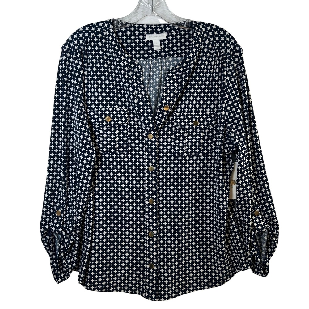 Charter‎ Club Amelie Blue Geometric Button Down Roll Tab Blouse XL